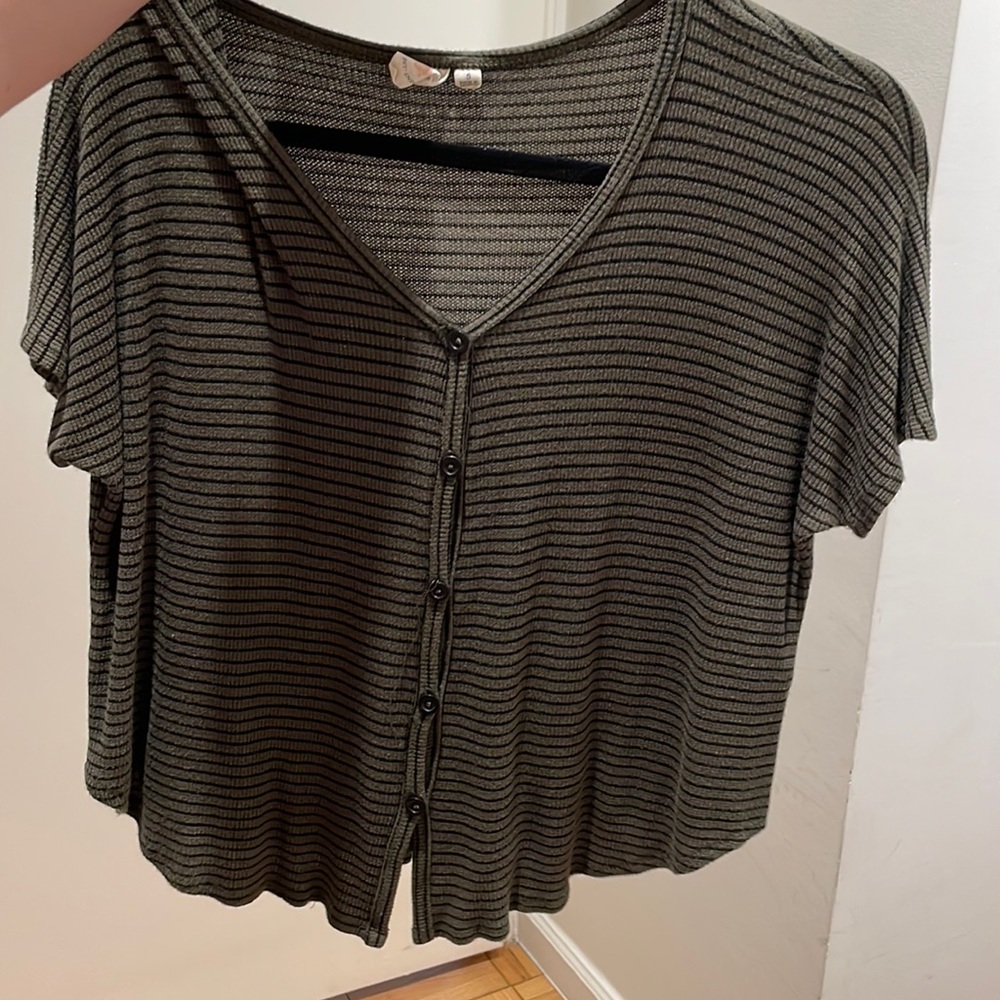 Green and black striped button up blouse